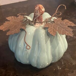 Ceramic Pumpkin Decor with Metal Leaves